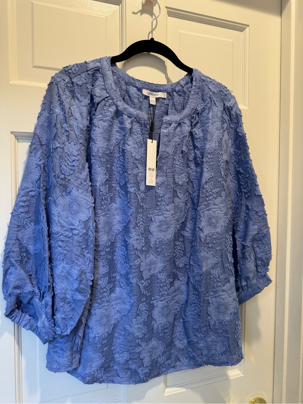 Chico's Blue Textured Floral Peasant Top